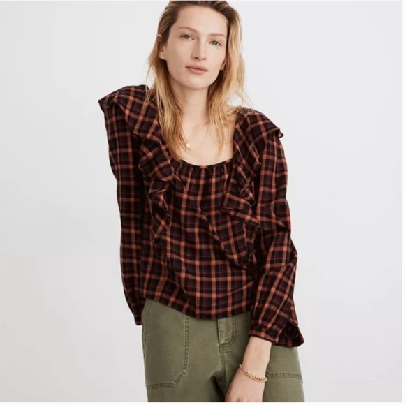 MADEWELL Plaid Ruffled Square-Neck Crop Top Red Long Sleeve Extra Small XS
